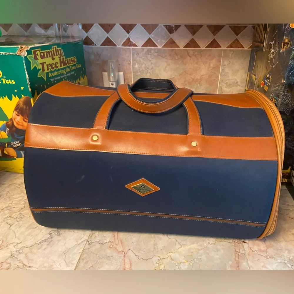 Vintage Carlaid Paris Handcrafted Navy Canvas & Leather Small Pet Carrier